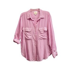 Maeve Anthropologie Blouse Women M Button Down Roll Tab Sleeves Striped Pink